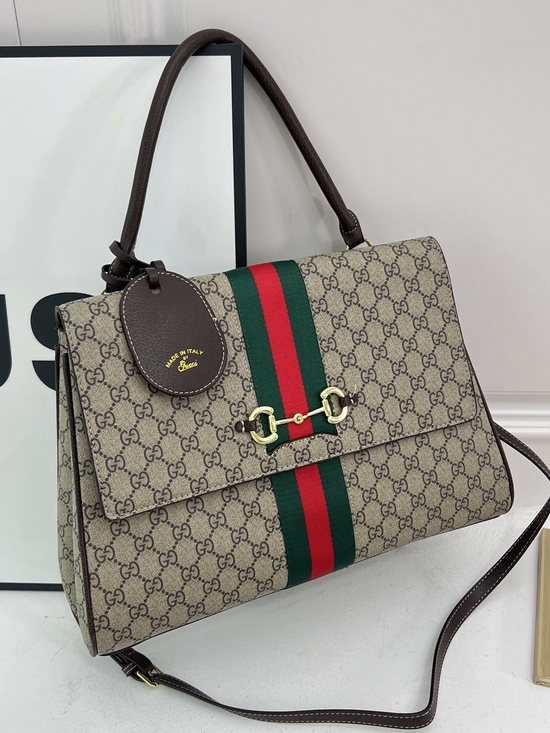 Source Unknown Handbags - Beige Monogram Satchel with Green and Red Web Stripe